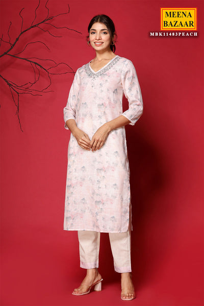 Light Peach Cotton Printed Mirror Work Embroidered Kurti With Pants