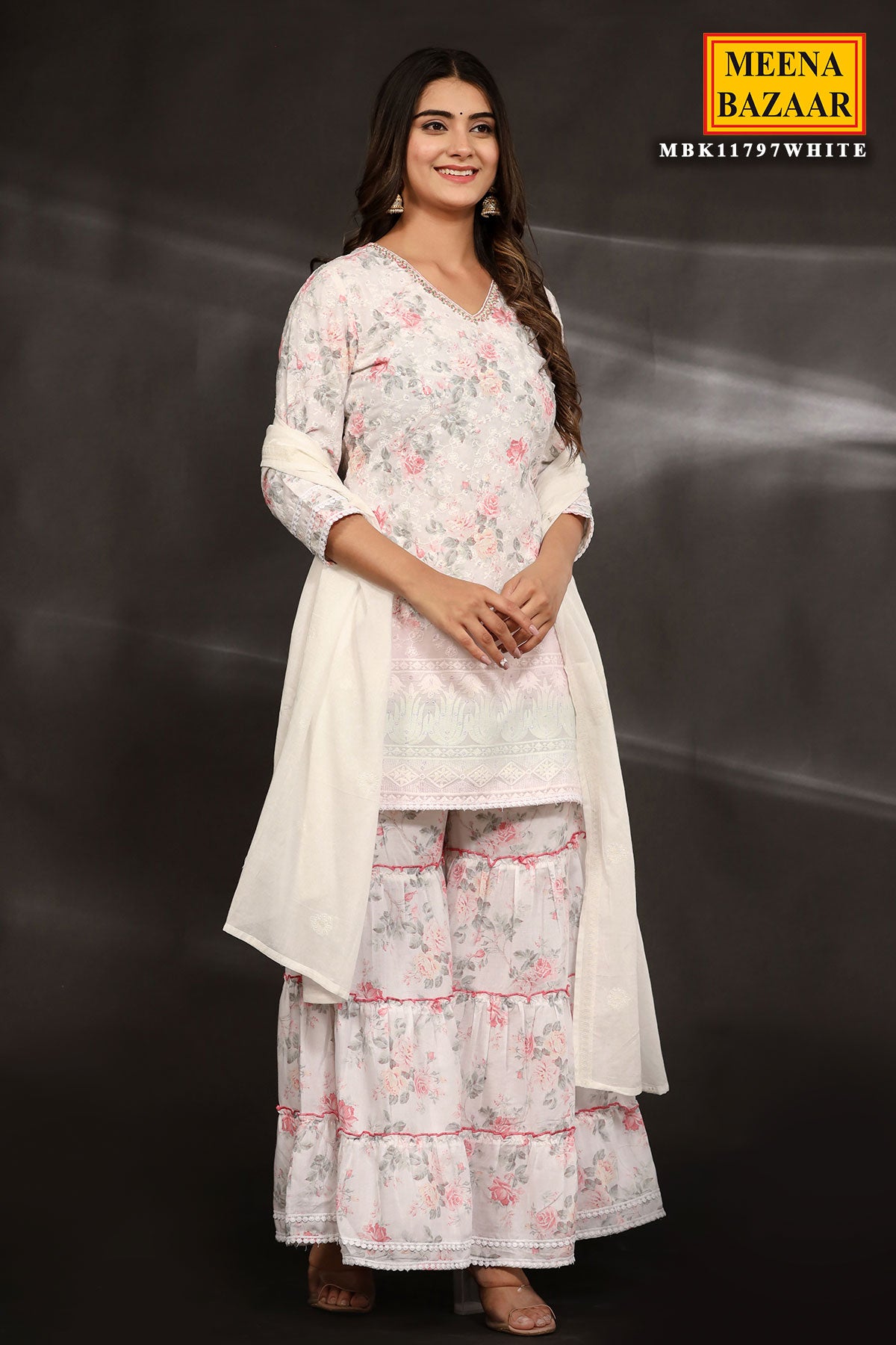 White Cotton Cut-Dana with Thread Embroidered Sharara Suit
