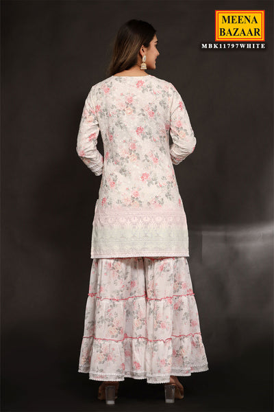 White Cotton Cut-Dana with Thread Embroidered Sharara Suit