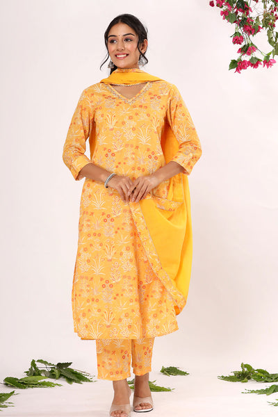 Mustard Cotton Sequin & Thread Embroidered Suit
