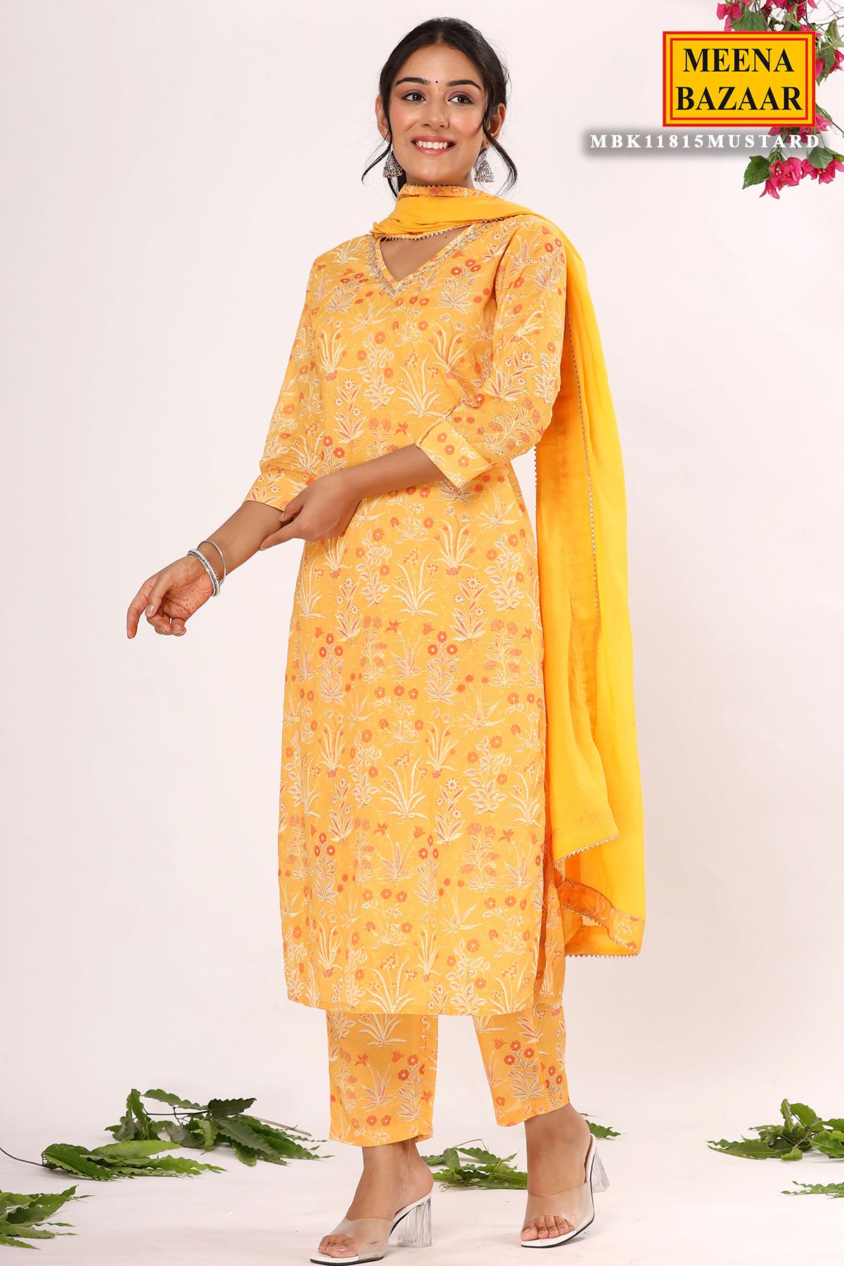 Mustard Cotton Sequin & Thread Embroidered Suit