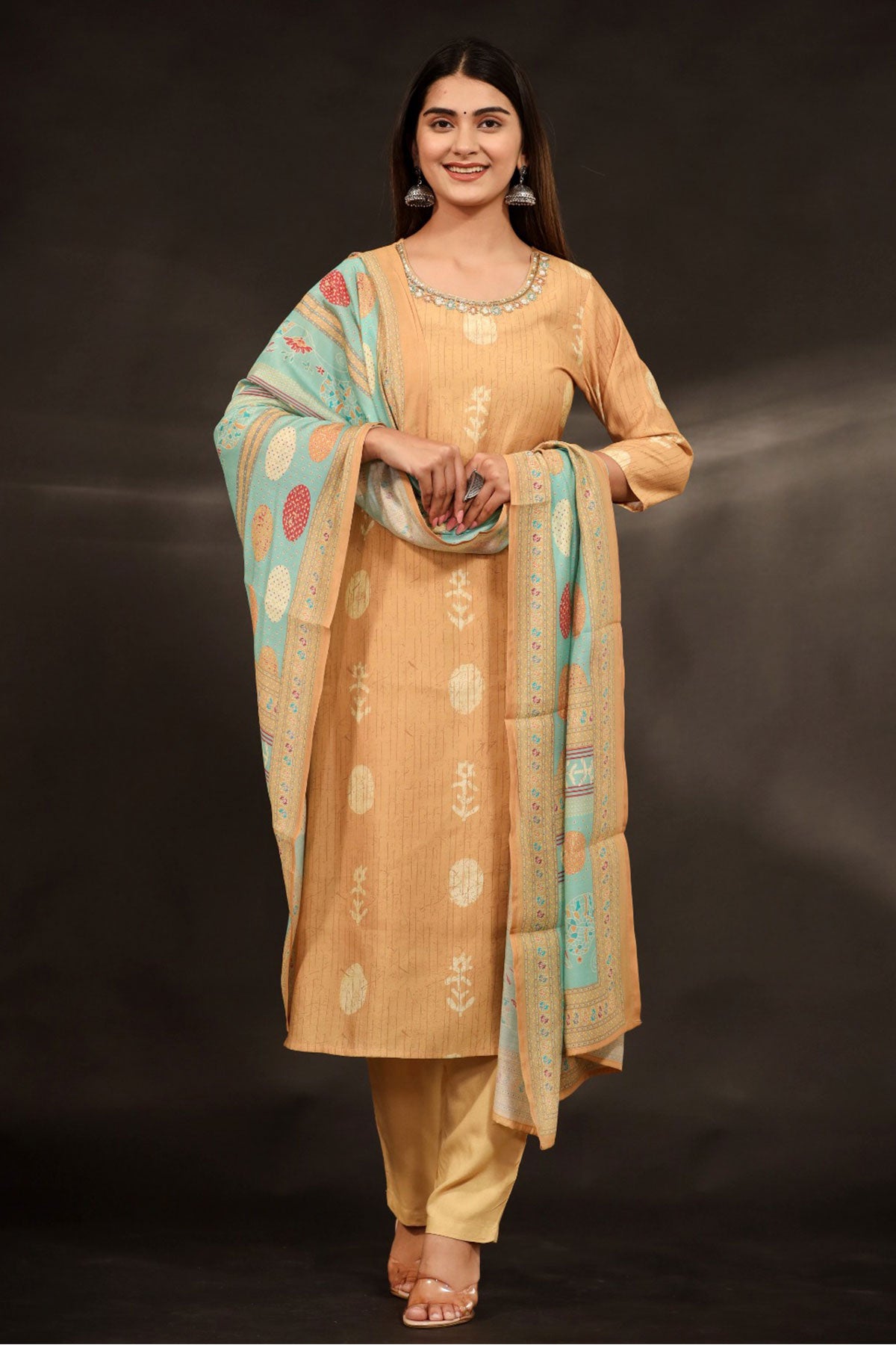 Mustard Silk Printed Suit with Embroidered Neck