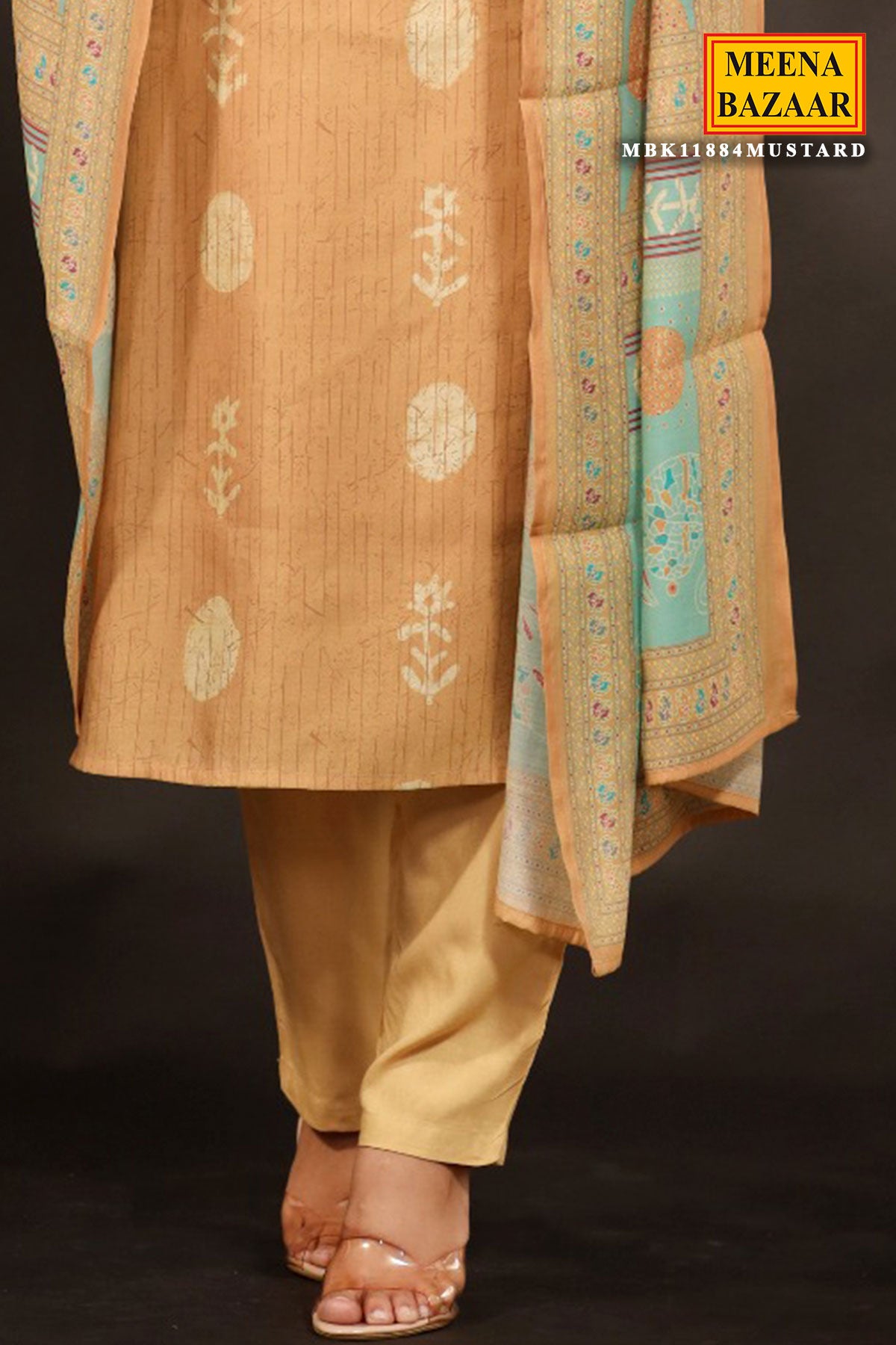 Mustard Silk Printed Suit with Embroidered Neck