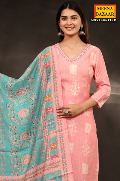Pink Silk Printed Suit with Embroidered Neck