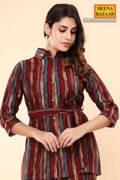 Maroon Silk Striped Co-ord Set with Tie-up Belt