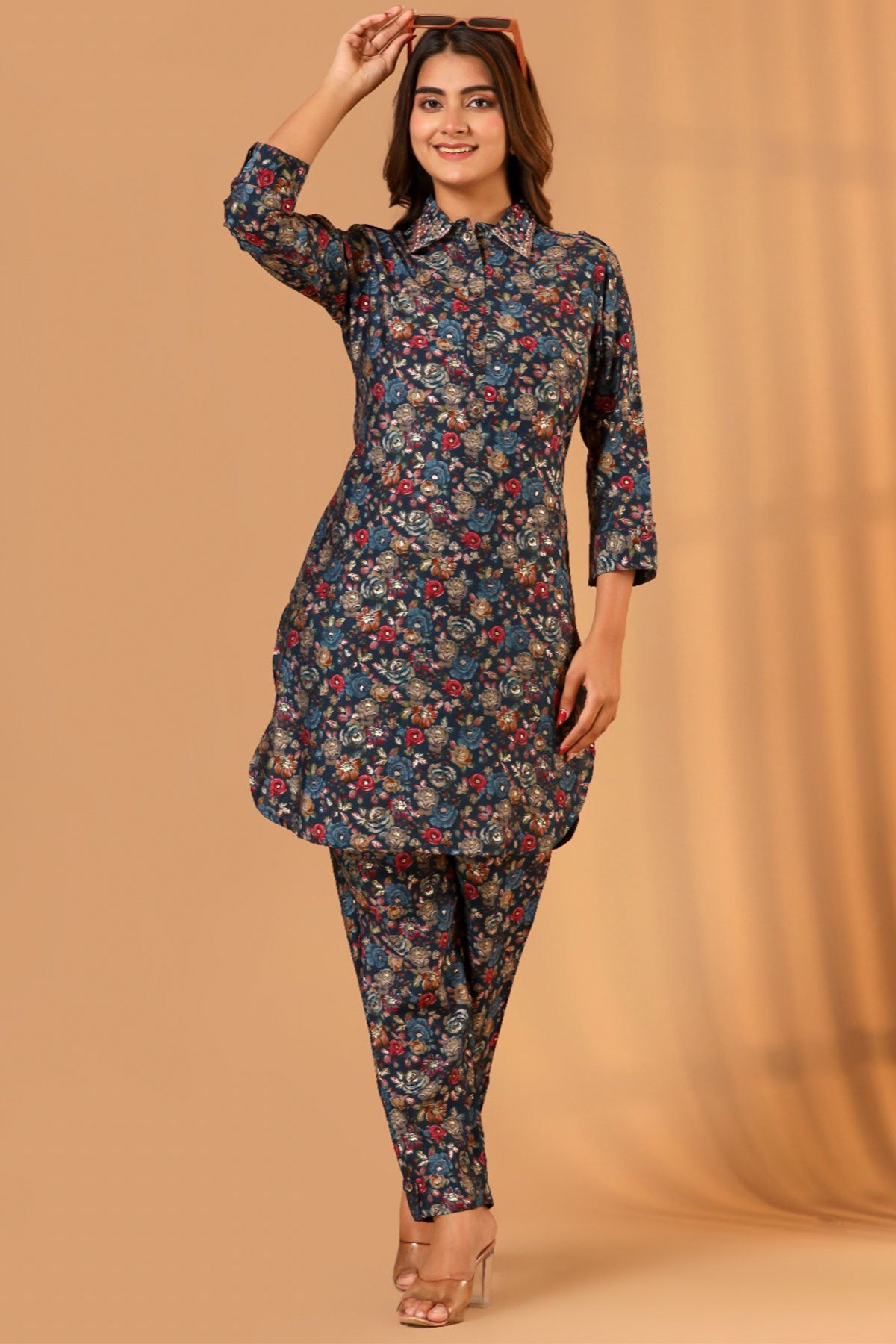 Blue Silk Floral Kurti Pant Co-ord Set with Embroidered Neck