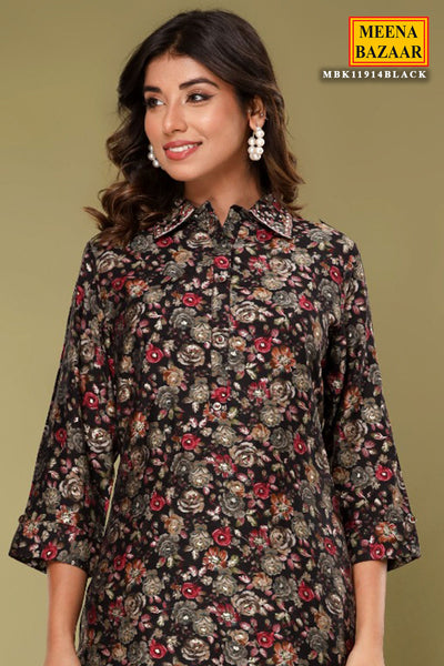 Black Silk Floral Kurti Pant Co-ord Set with Embroidered Neck