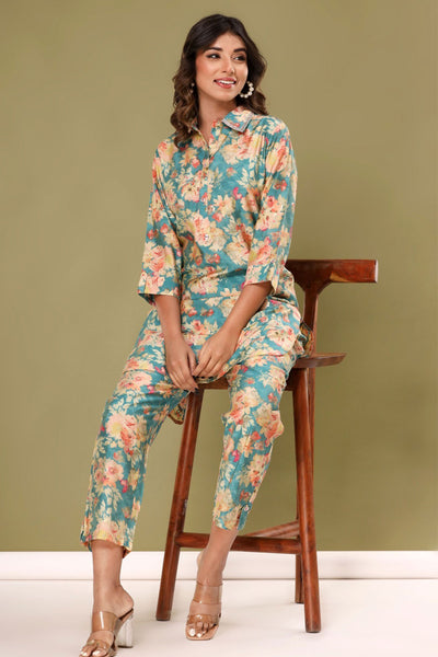 Firozi Silk Floral Printed Neck Embroidered Co-ord Set