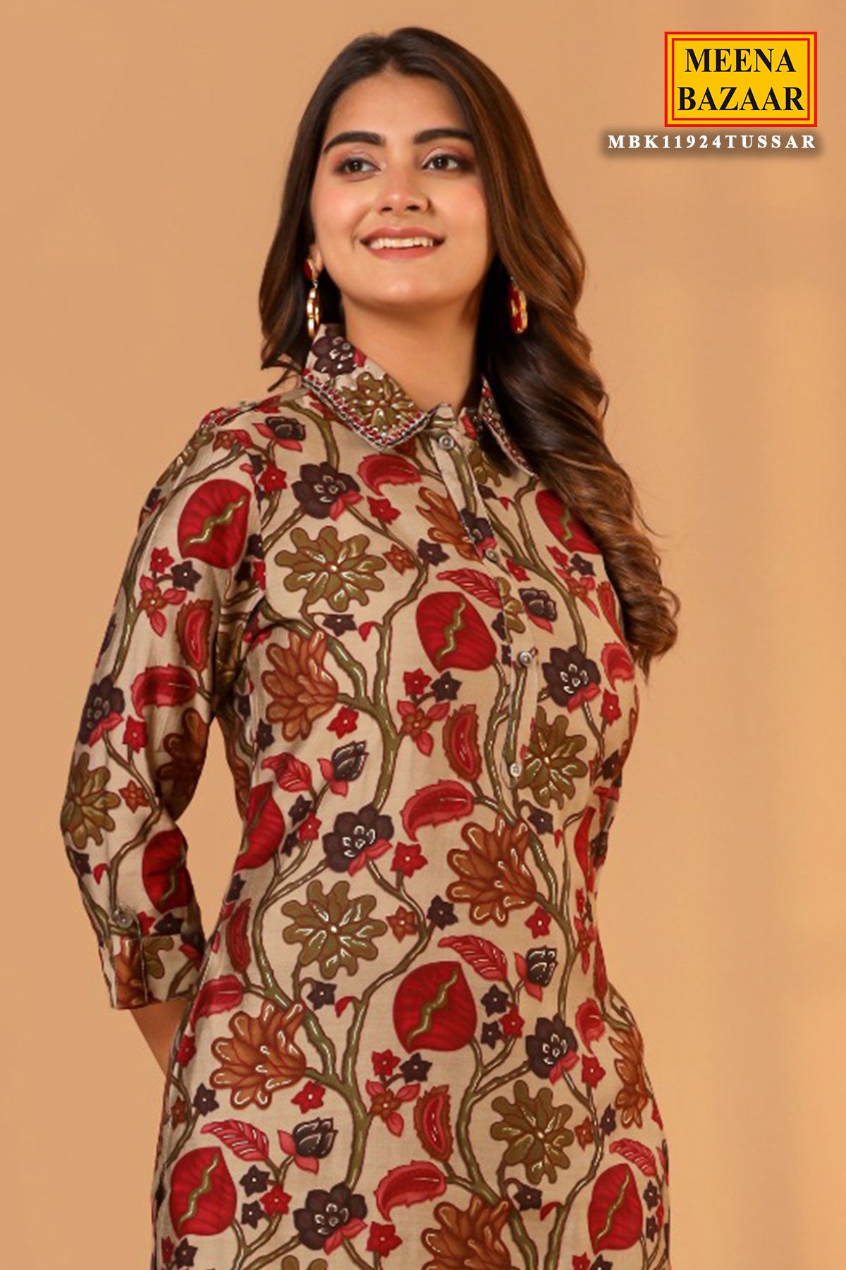 Tussar Silk Floral Vine Printed Kurti Pant Co-ord Set with Embroidered Collar
