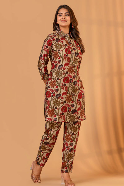 Tussar Silk Floral Vine Printed Kurti Pant Co-ord Set with Embroidered Collar