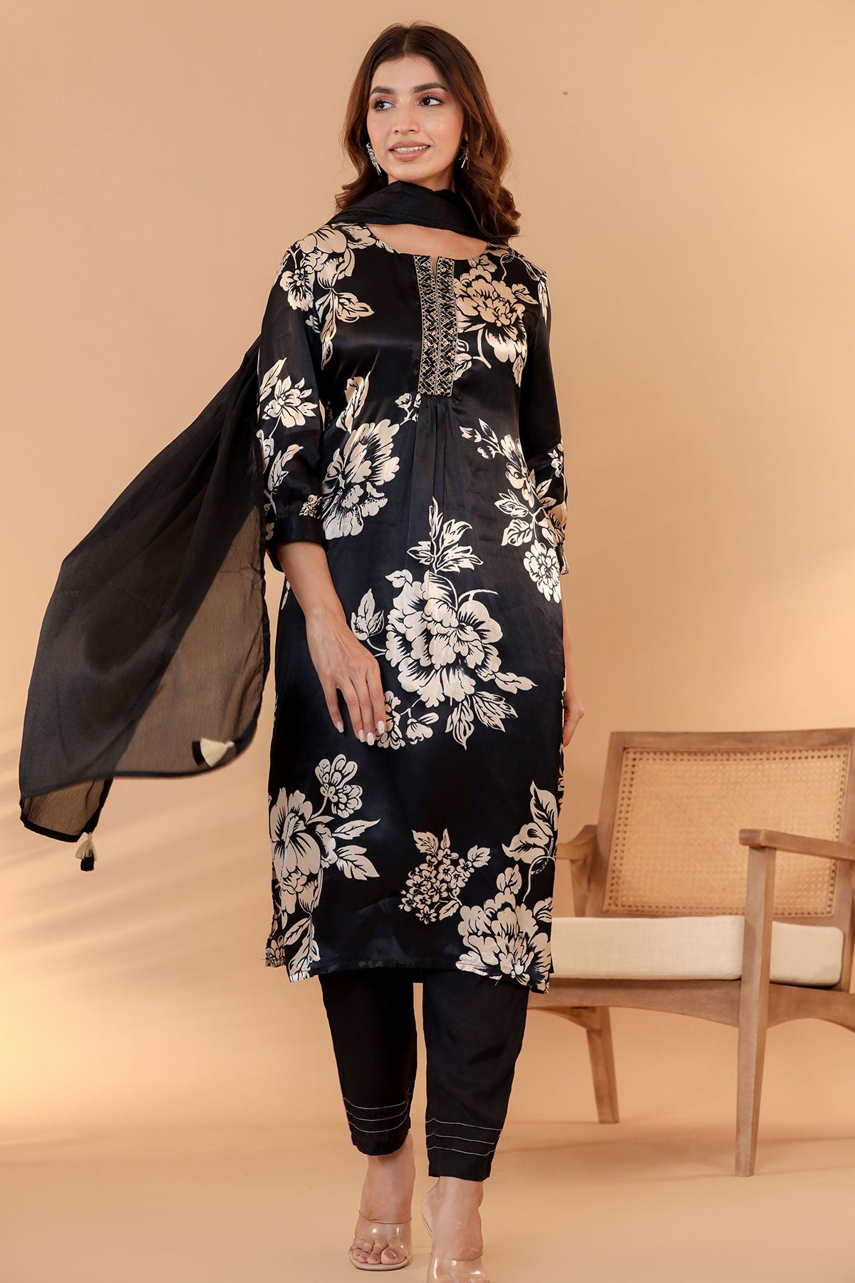 Black Satin Silk Floral Printed Neck Embroidered Suit