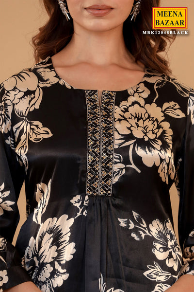 Black Satin Silk Floral Printed Neck Embroidered Suit