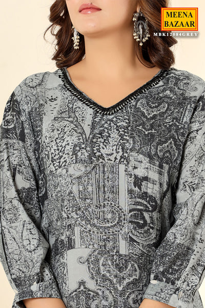 Grey Muslin Printed Neck Embroidered Suit