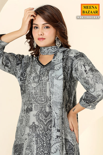Grey Muslin Printed Neck Embroidered Suit