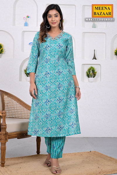Firozi Muslin Silk Floral Printed Neck Embroidered Suit