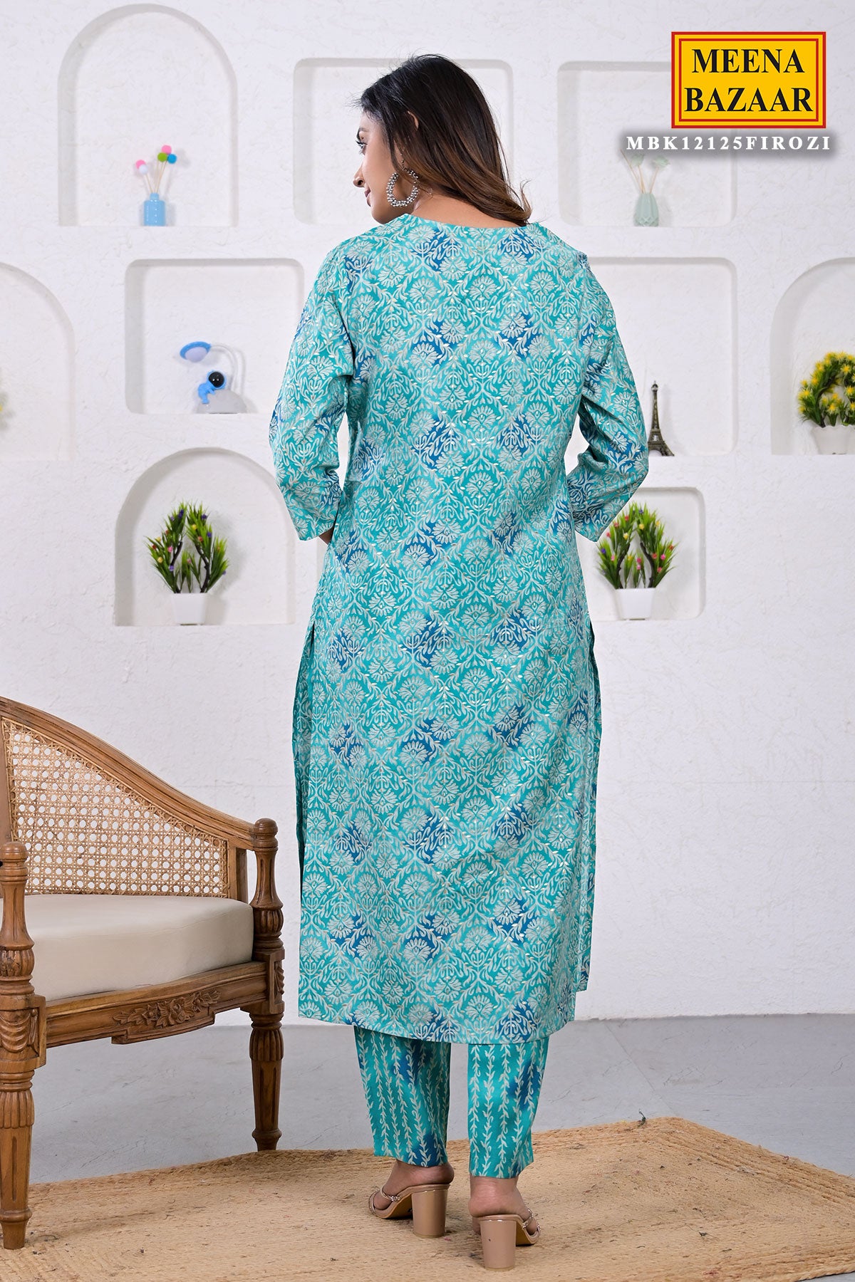 Firozi Muslin Silk Floral Printed Neck Embroidered Suit