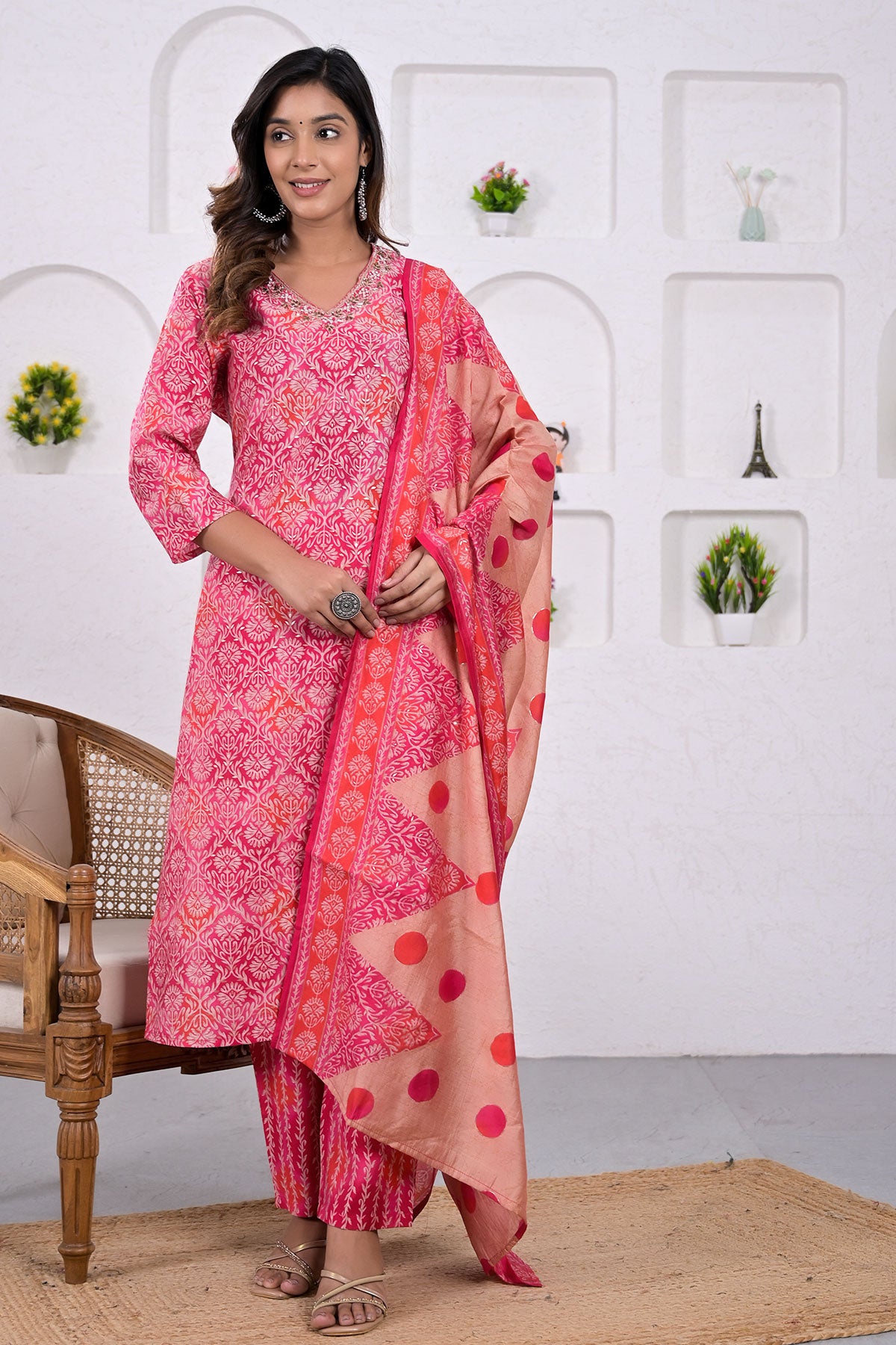 Pink Muslin Silk Floral Printed Neck Embroidered Suit