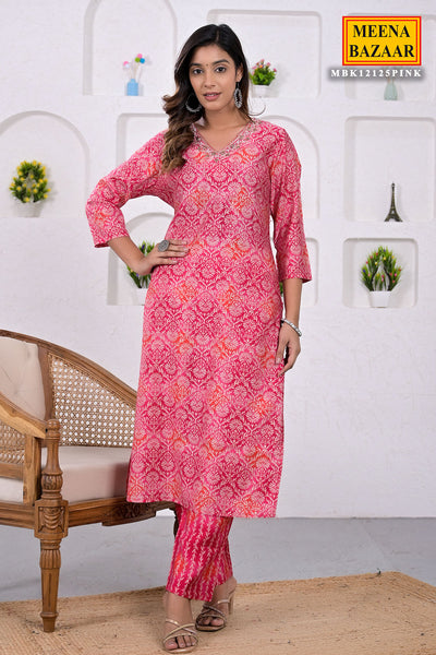 Pink Muslin Silk Floral Printed Neck Embroidered Suit