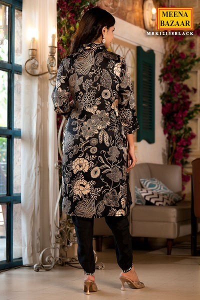 Black Satin Silk Floral Printed Embroidered Kurti with Dhoti