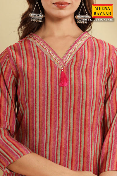 Gajari Muslin Striped Printed Neck Embroidered Kurti Pant Set