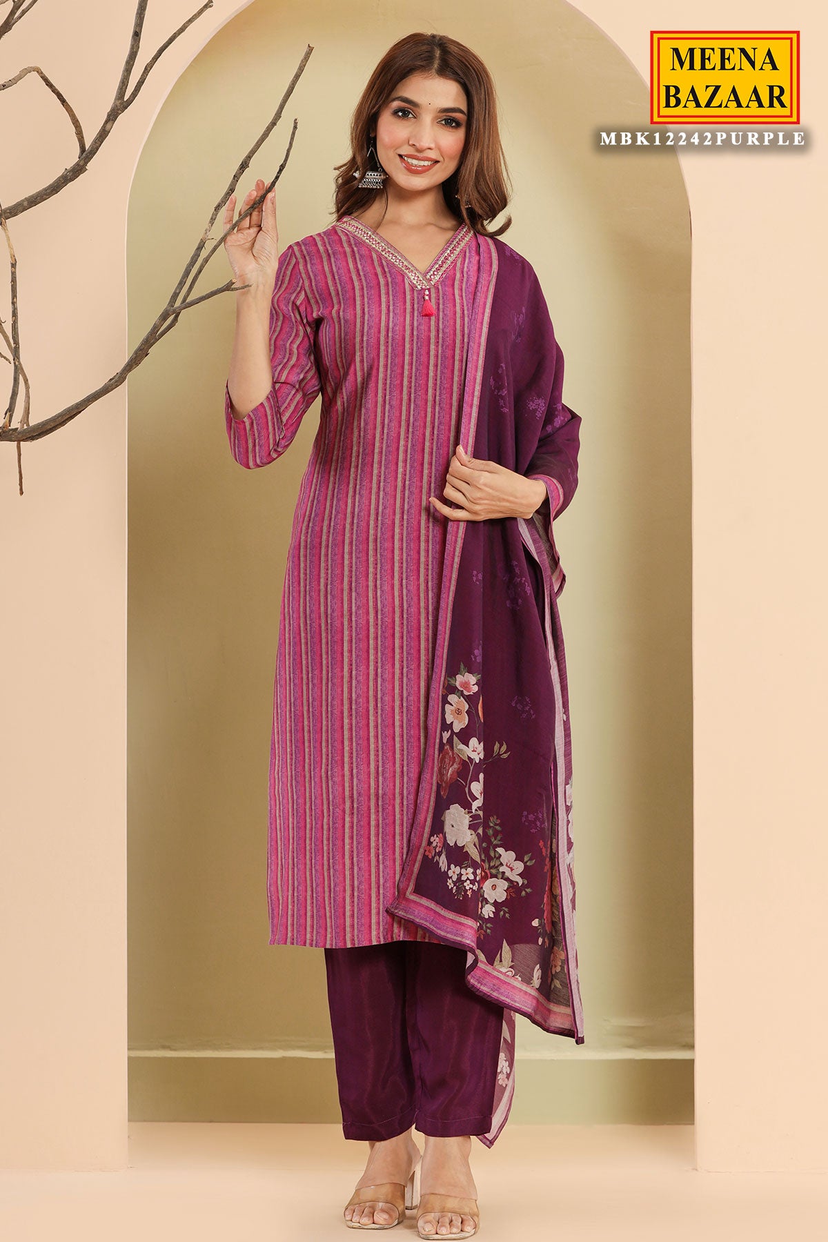 Mauve Muslin Suit with Embroidered Neck