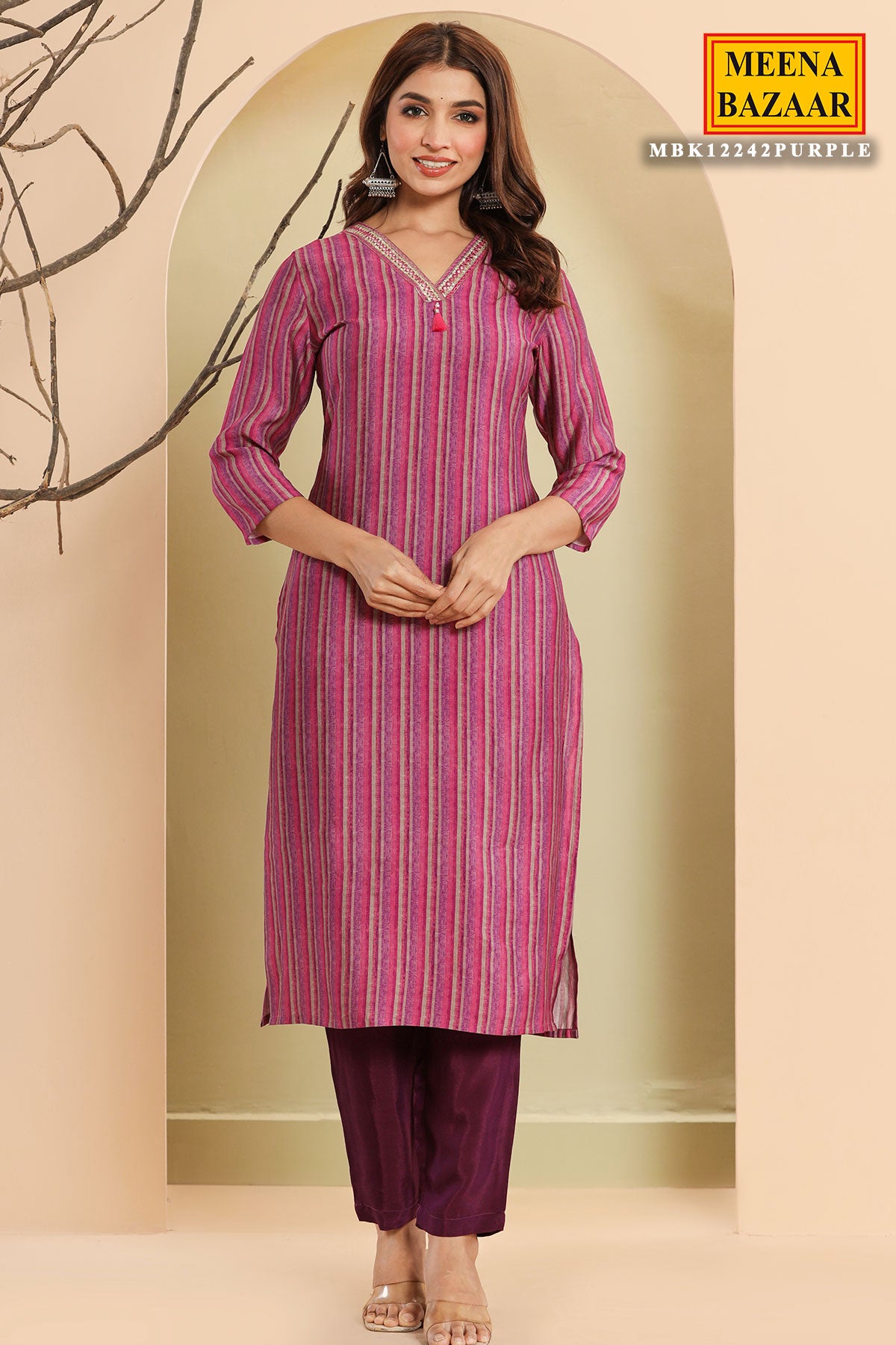 Mauve Muslin Suit with Embroidered Neck