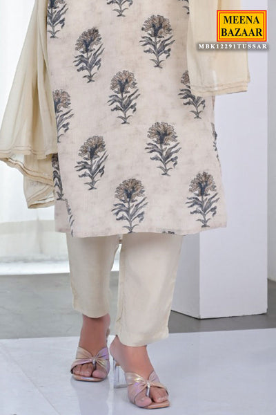 Cream Crepe Floral Printed Sequins Embroidered Suit