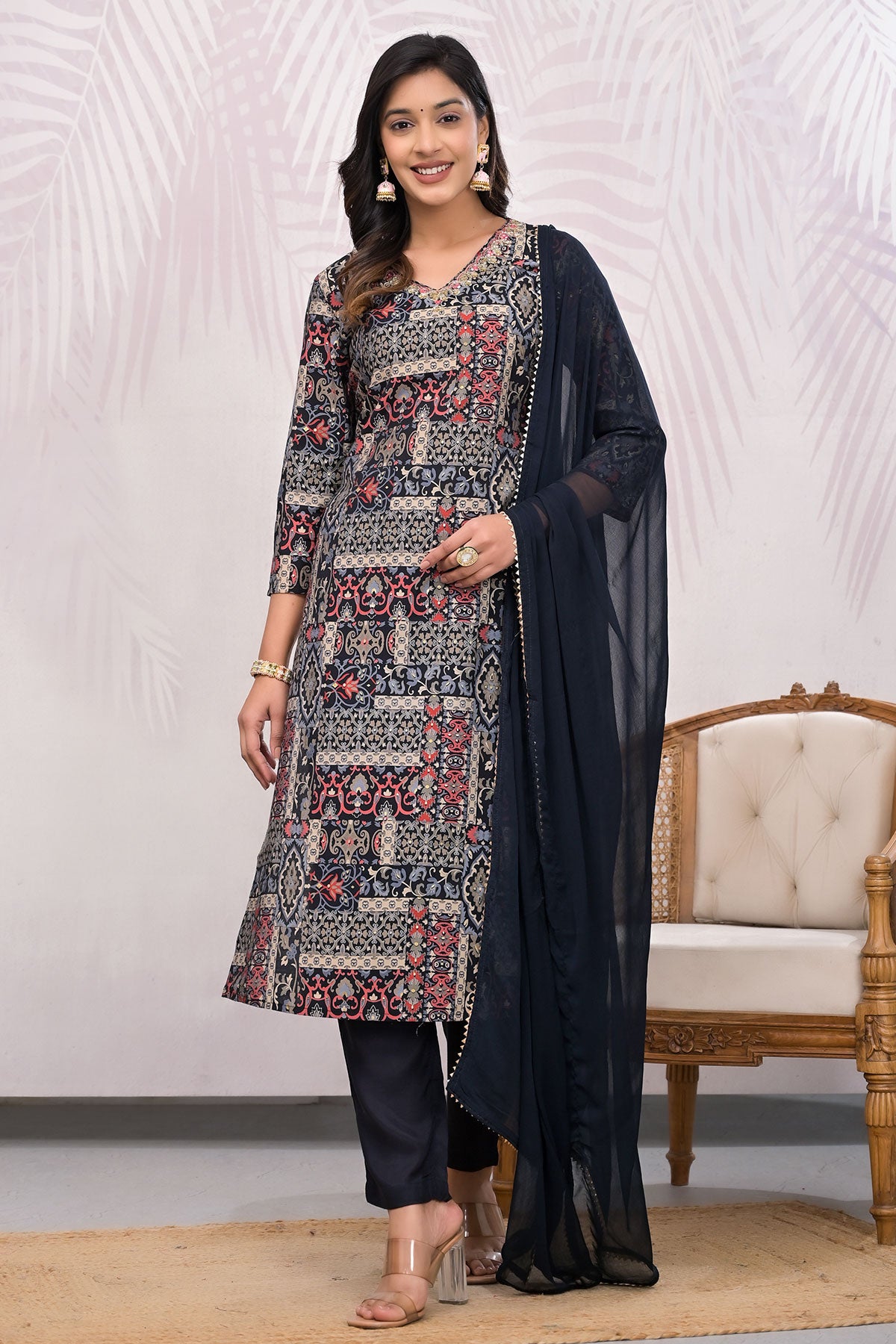 Black Muslin Embroidered Suit with Dupatta Set