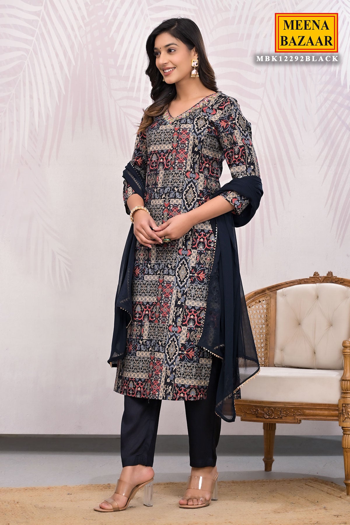 Black Muslin Embroidered Suit with Dupatta Set