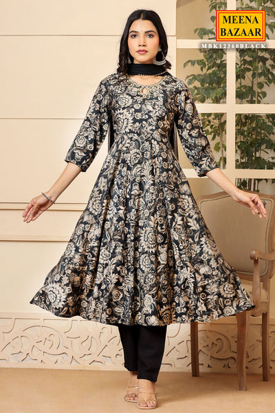 Black Muslin Floral Printed Kurti with Cut Dana Neck Embroidery