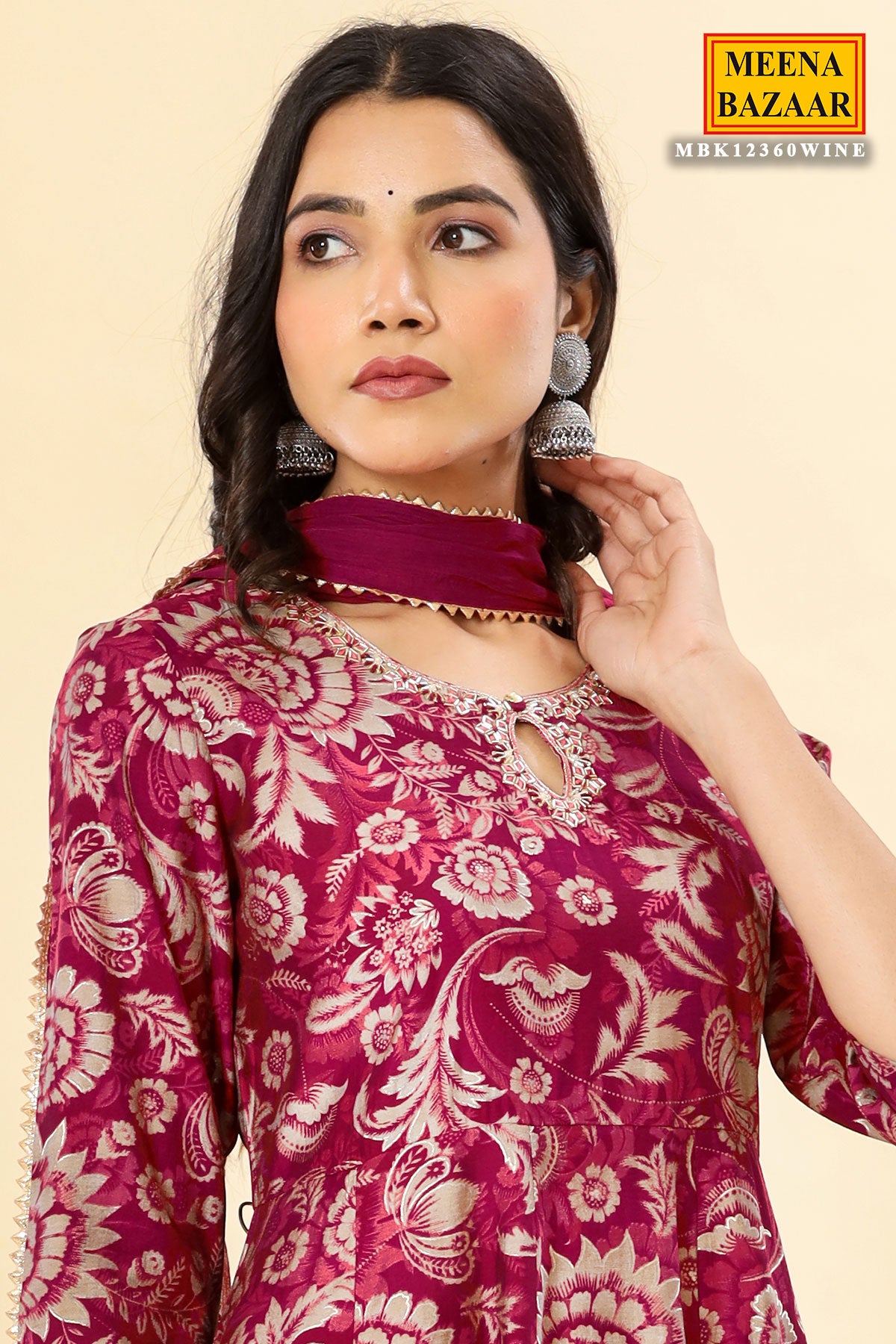 Cherry Red Muslin Floral Printed Kurti with Cut Dana Neck Embroidery