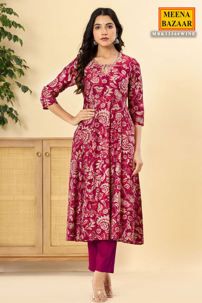 Cherry Red Muslin Floral Printed Kurti with Cut Dana Neck Embroidery