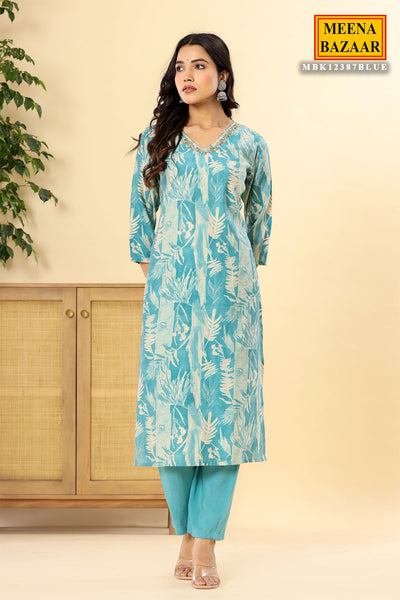 Blue Muslin Printed Sequins and Cutdana Embroidered Suit