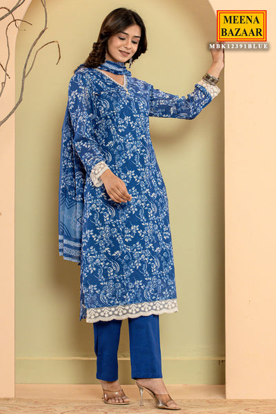 Blue Cotton Printed Lace Embroidered Kurti Pant Set