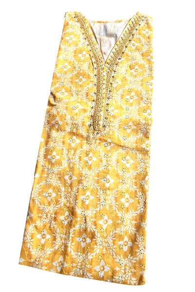 Mustard Cotton Floral Printed Sequins Embroidered Suit Set