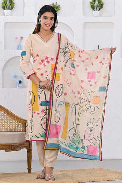 Tussar Cotton Printed Suit with Embroidered Neck