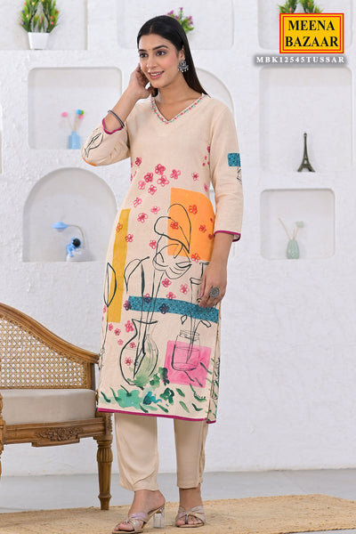 Tussar Cotton Printed Suit with Embroidered Neck