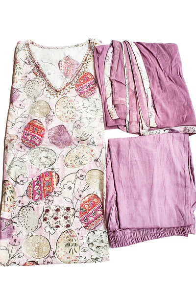 Mauve Cotton Printed Straight Suit With Trouser