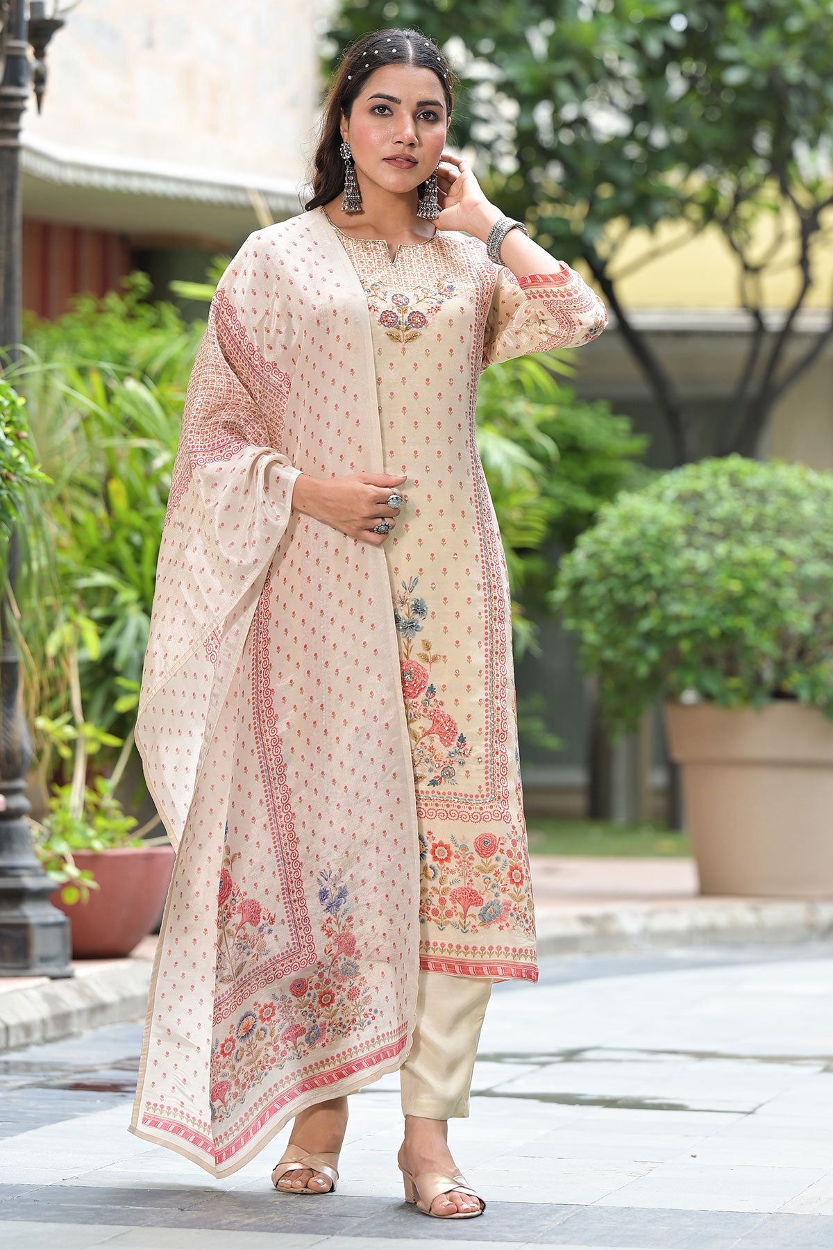 Cream Muslin Floral Printed Neck Embroidered Suit