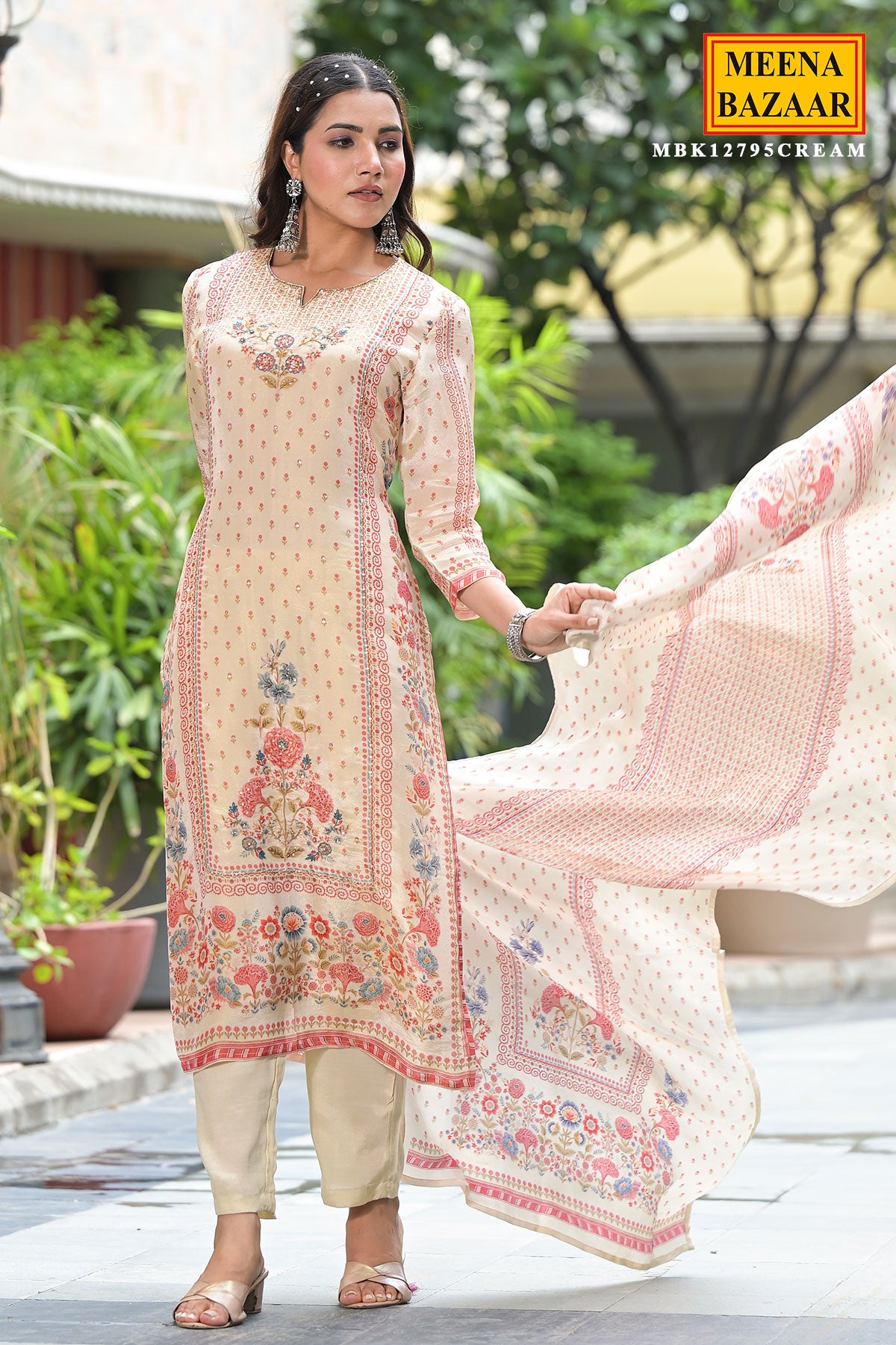 Cream Muslin Floral Printed Neck Embroidered Suit