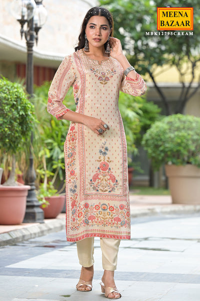 Cream Muslin Floral Printed Neck Embroidered Suit