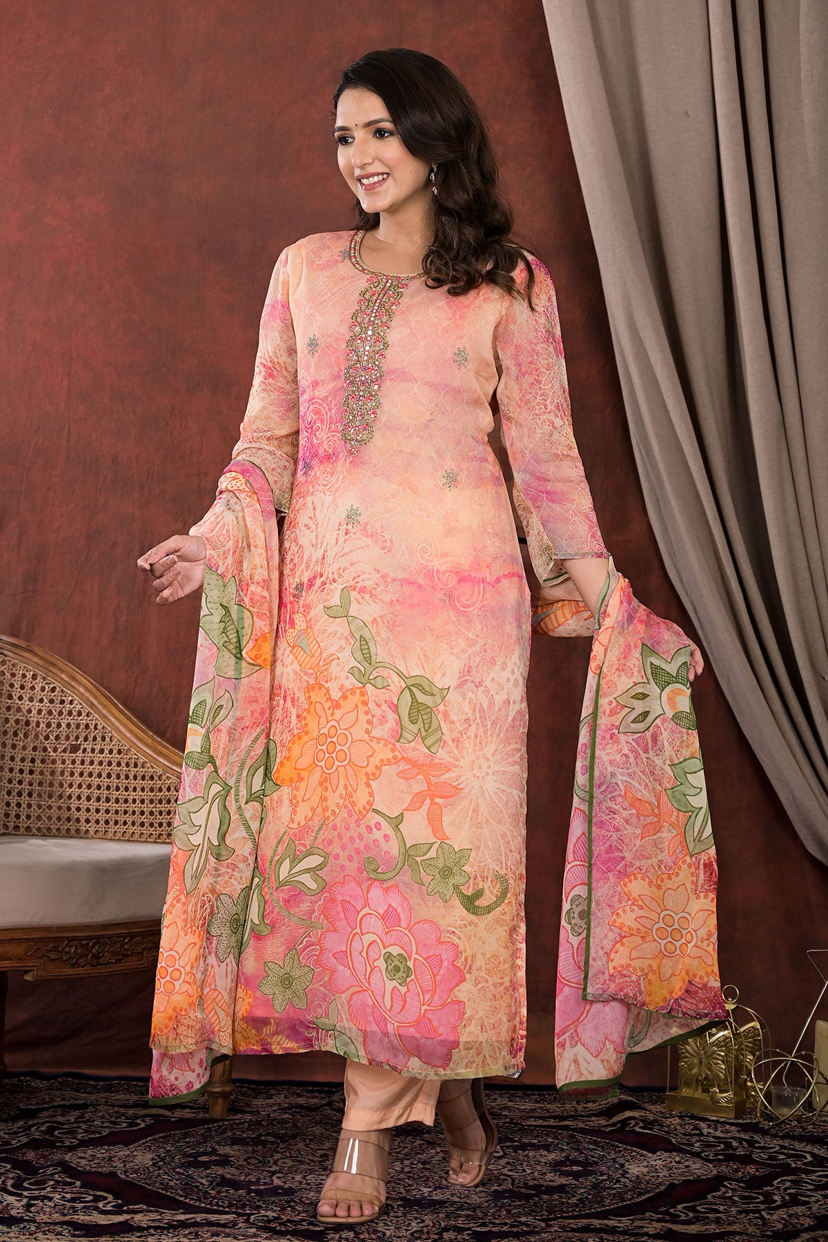 Peach Organza Neck Embroidered Printed Suit Set