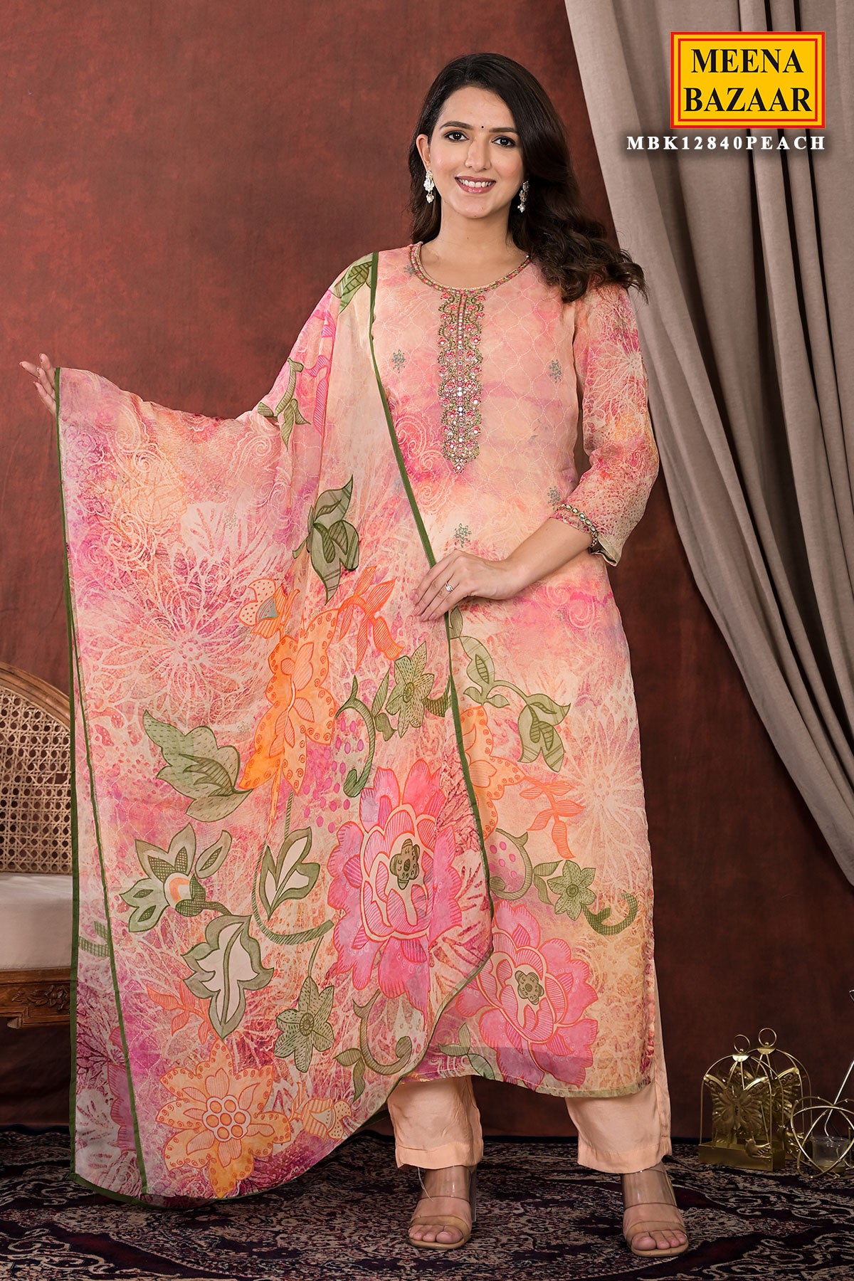 Peach Organza Neck Embroidered Printed Suit Set