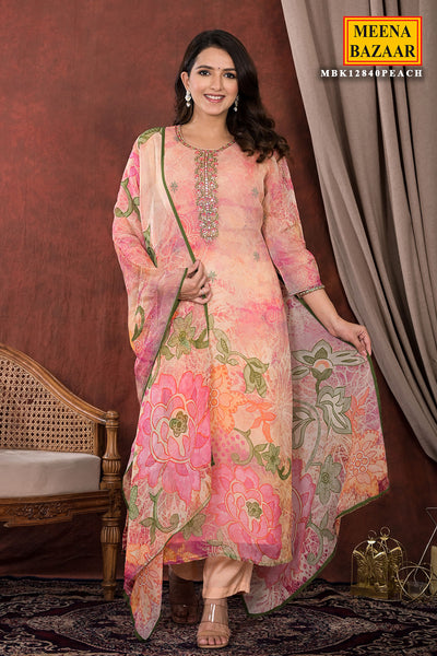 Peach Organza Neck Embroidered Printed Suit Set