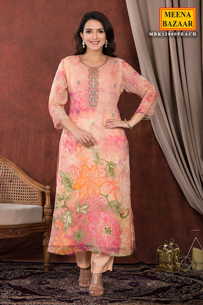 Peach Organza Neck Embroidered Printed Suit Set