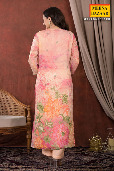 Peach Organza Neck Embroidered Printed Suit Set