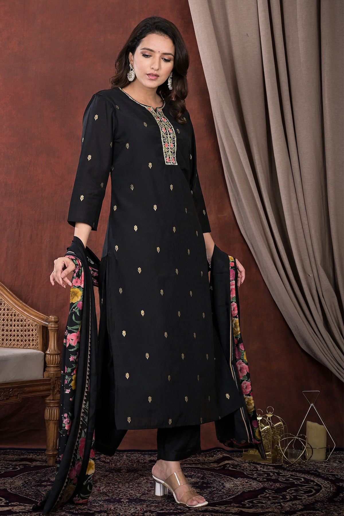 Black Muslin Printed Suit Set with Sequin Work & Zari Weaving