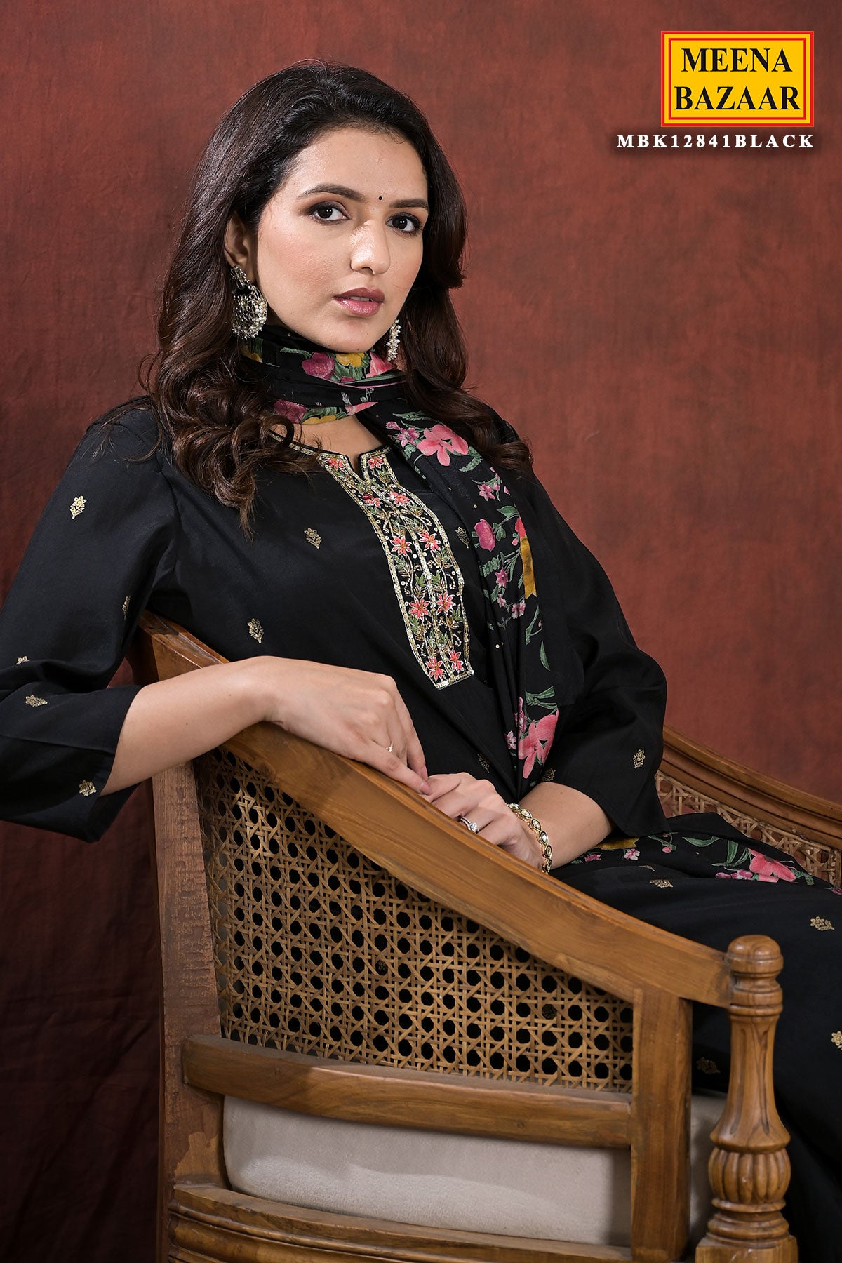 Black Muslin Printed Suit Set with Sequin Work & Zari Weaving