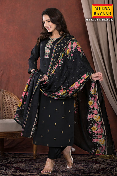 Black Muslin Printed Suit Set with Sequin Work & Zari Weaving