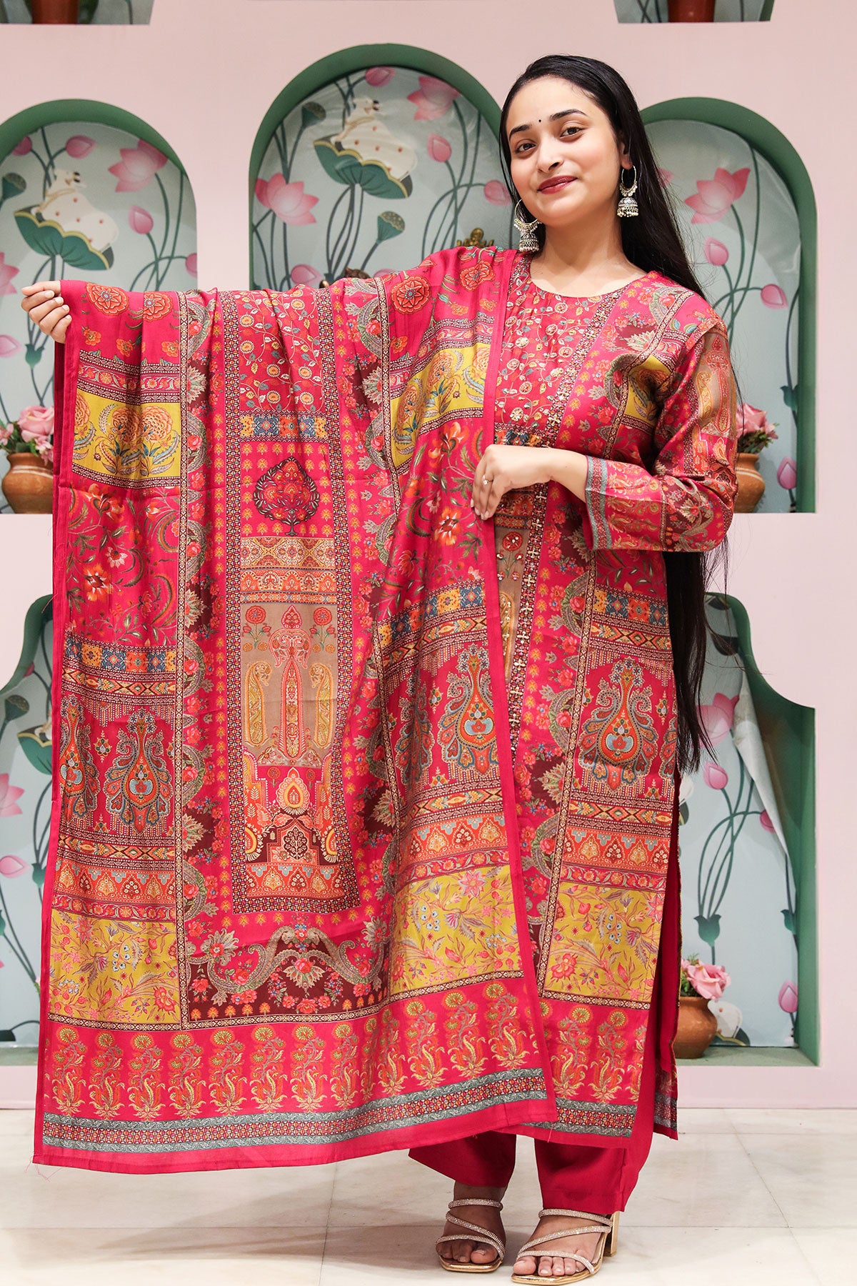 Rani Printed & Embroidered Muslin Kurta with Pant & Dupatta